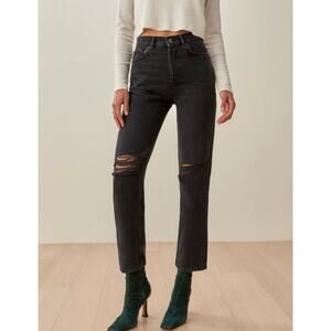 REFORMATION Cynthia High Rise Straight Jeans Black Lagoon Destroyed Size 25